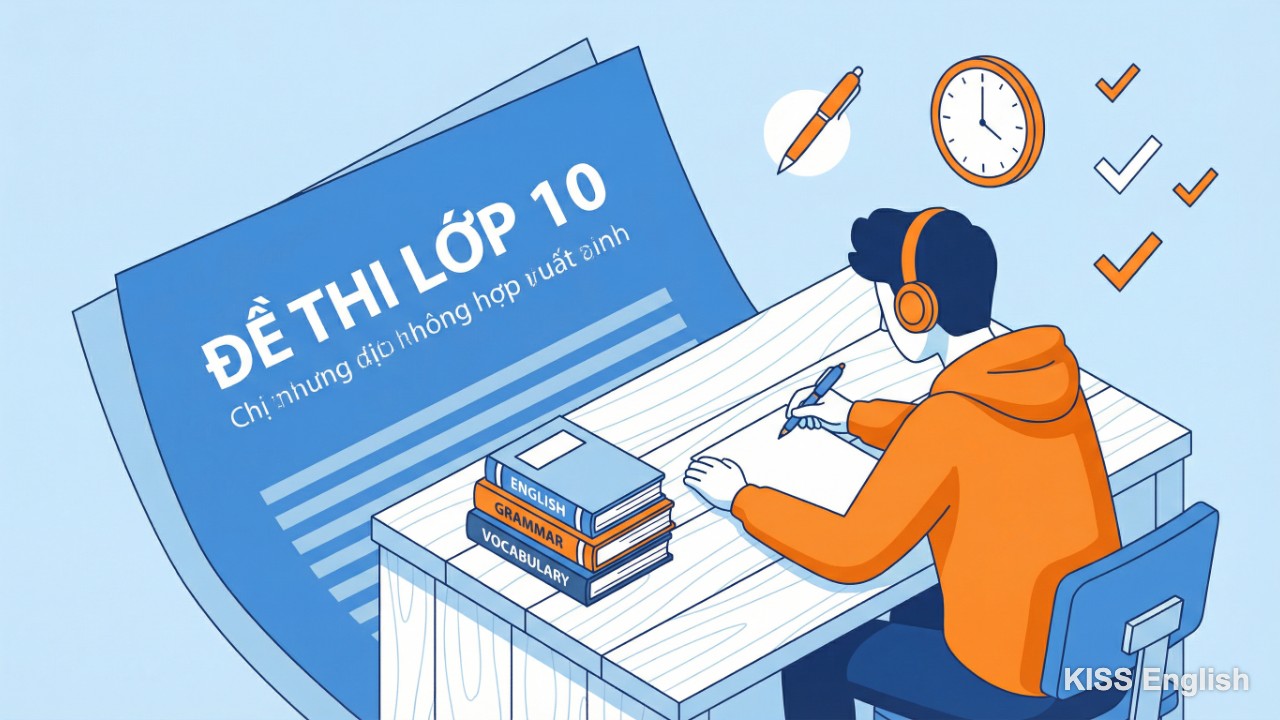 Một học sinh đang tập trung giải các đề thi tiếng Anh lớp 10 bên cạnh chồng sách và đáp án chi tiết, minh họa quá trình ôn luyện kỹ càng