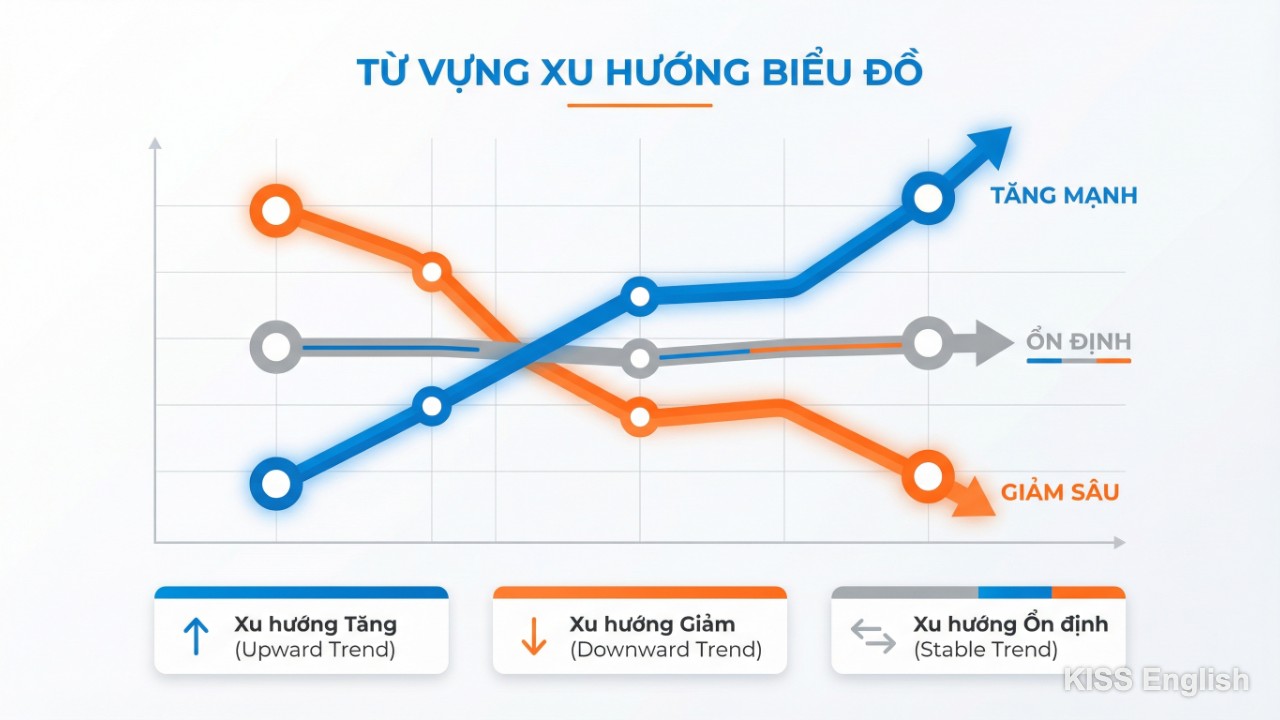 Biểu đồ đường thể hiện xu hướng tăng, giảm, ổn định với các điểm đánh dấu rõ ràng, minh họa từ vựng miêu tả biểu đồ tiếng Anh