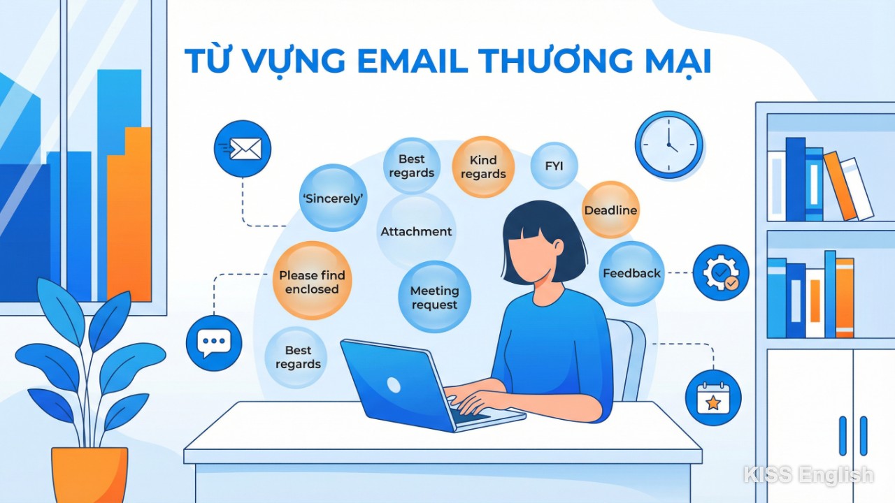 Hình minh họa một nhân viên văn phòng đang soạn thảo email trên máy tính với các bóng hội thoại chứa từ vựng tiếng Anh chuyên ngành thương mại