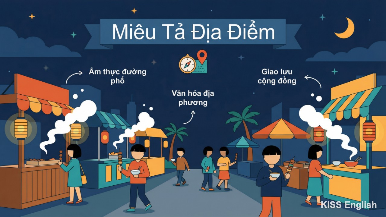 Chợ đêm nhộn nhịp với nhiều món ăn đường phố và người dân địa phương tại một thành phố châu Á, minh họa các từ vựng miêu tả địa điểm sống động.