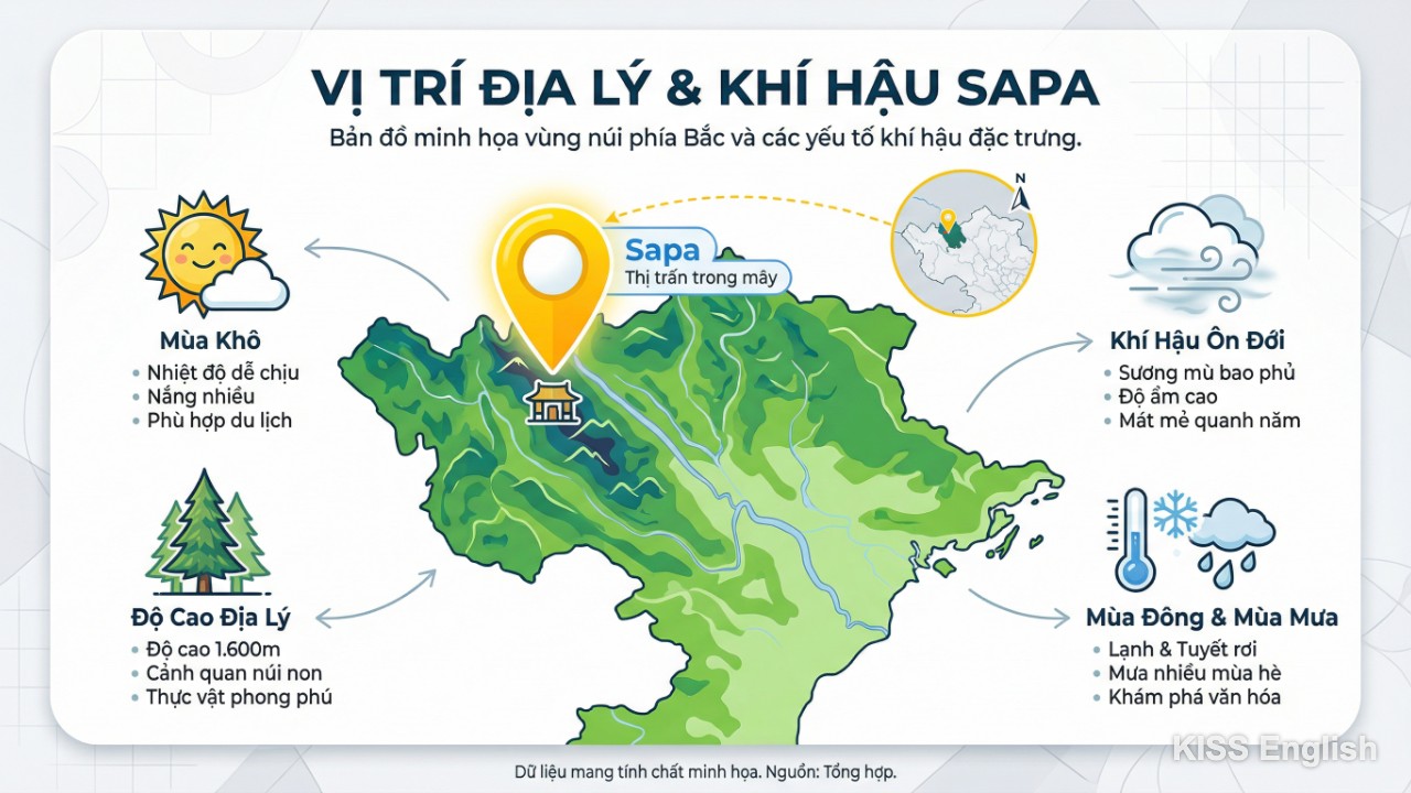 Bản đồ vị trí Sapa ở vùng núi Tây Bắc Việt Nam với biểu tượng khí hậu ôn hòa và làn sương mù đặc trưng.