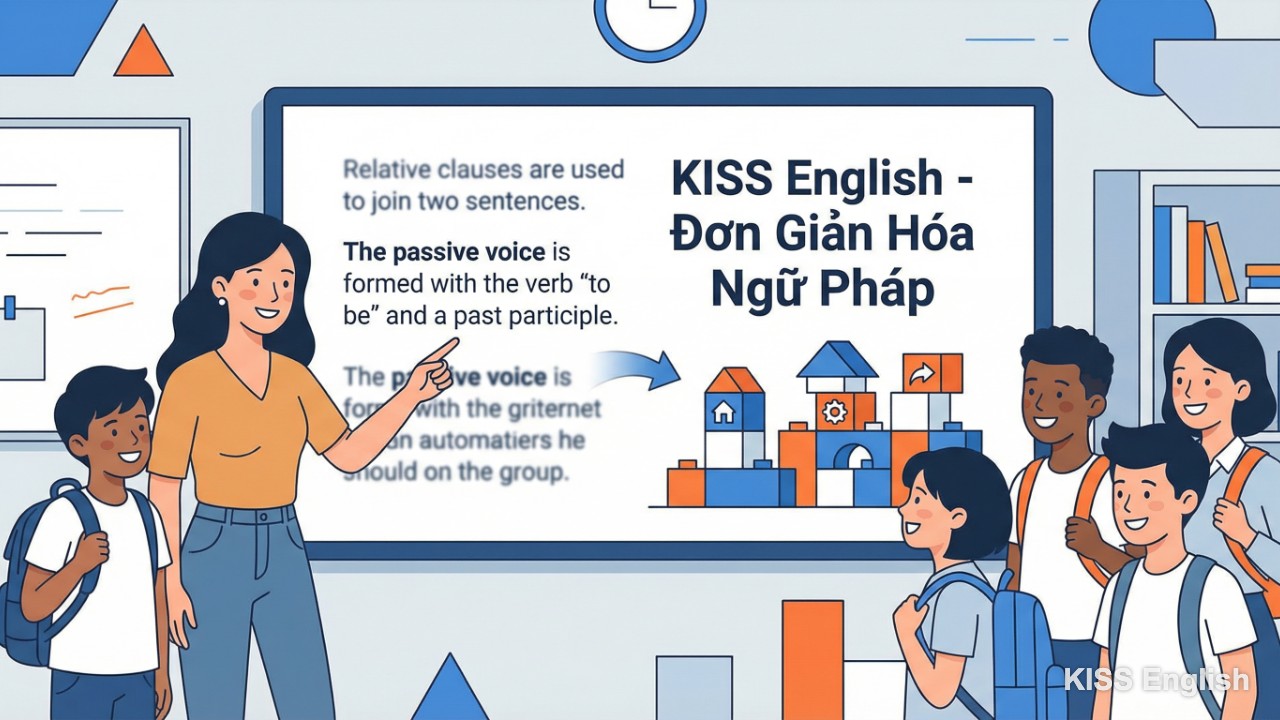 Ms Thủy và học viên KISS English áp dụng phương pháp Keep It Simple & Stupid để đơn giản hóa các cấu trúc ngữ pháp tiếng Anh lớp 10.