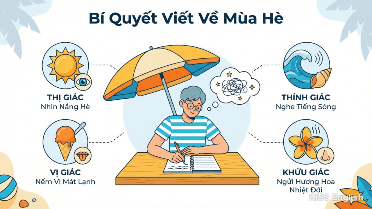 Người đang viết bài tiếng Anh với cảm xúc và sự sáng tạo, sử dụng các giác quan để tạo nên một bài viết về mùa hè sinh động và hấp dẫn.