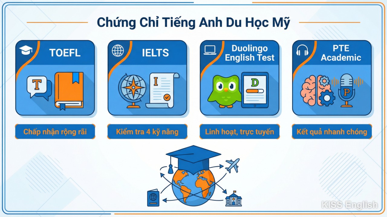 Biểu tượng của các chứng chỉ tiếng Anh TOEFL, IELTS, Duolingo, và PTE Academic được sắp xếp gọn gàng, thể hiện sự đa dạng của các lựa chọn cho sinh viên du học Mỹ.