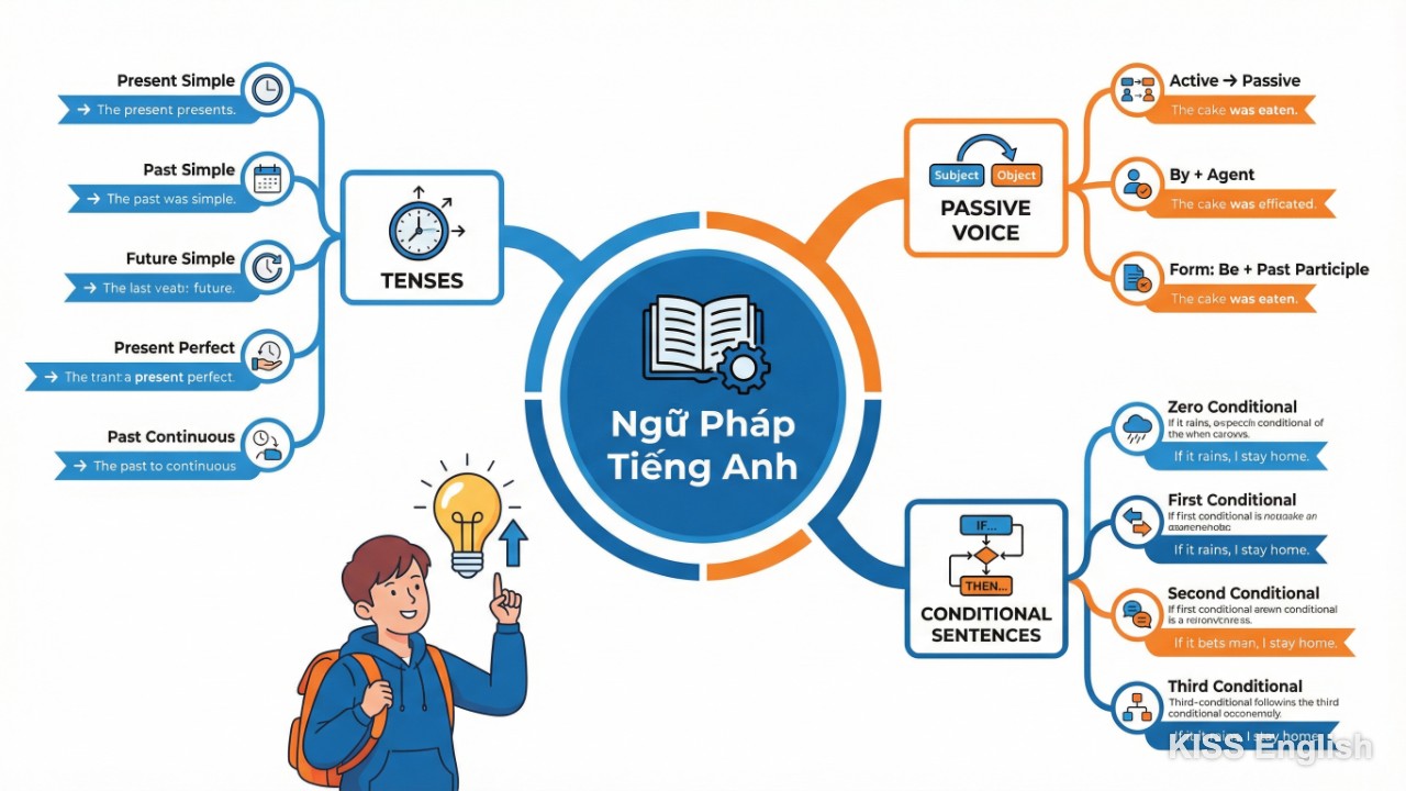 Sơ đồ tư duy hệ thống các chủ điểm ngữ pháp tiếng Anh cơ bản cho kỳ thi đại học với các nhánh về thì, câu bị động và câu điều kiện, giúp người học nắm vững kiến thức nền tảng.