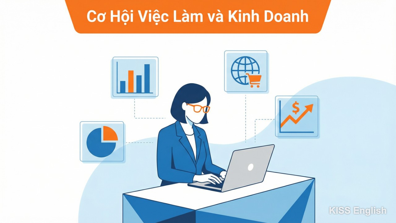 Người phụ nữ làm việc từ xa trên laptop, xung quanh là biểu đồ và các ứng dụng kinh doanh trực tuyến