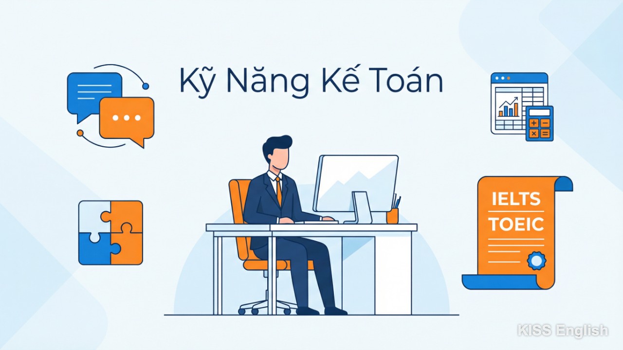 Hình ảnh minh họa các kỹ năng của kế toán viên bao gồm kỹ năng giao tiếp, giải quyết vấn đề, phần mềm chuyên môn và chứng chỉ tiếng Anh IELTS hoặc TOEIC