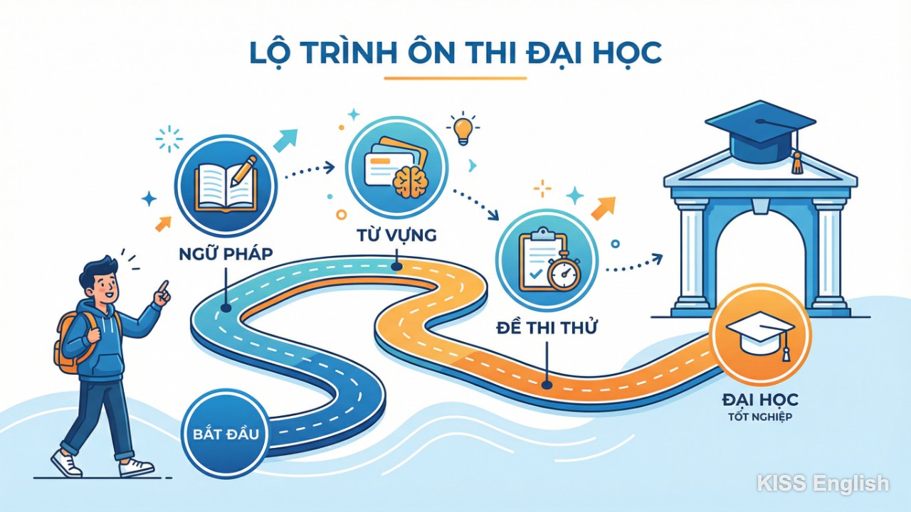 Lộ trình học tiếng Anh cơ bản thi đại học cá nhân hóa tại KISS English với các bước tiến bộ rõ rệt qua từng giai đoạn