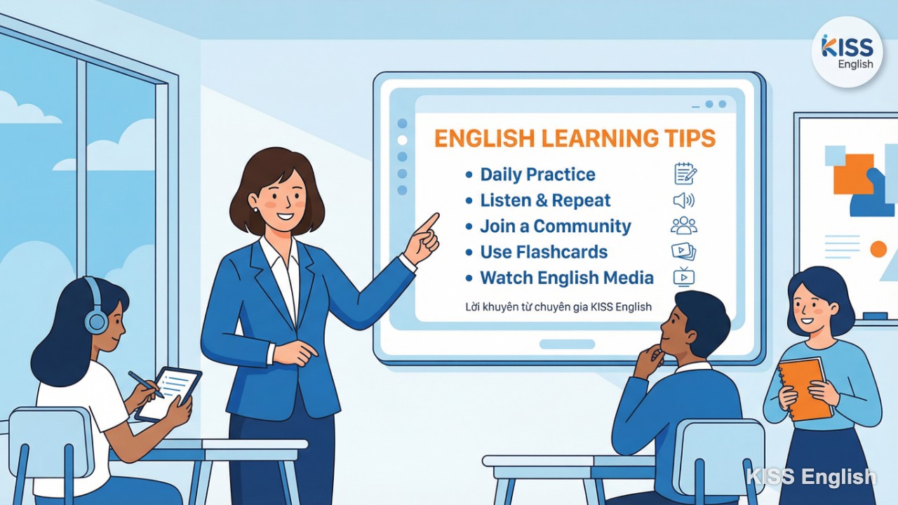 Ms. Hoàng Minh Thủy, người sáng lập KISS English, đang mỉm cười chia sẻ bí quyết học tập, truyền cảm hứng chinh phục tiếng Anh cho học viên.