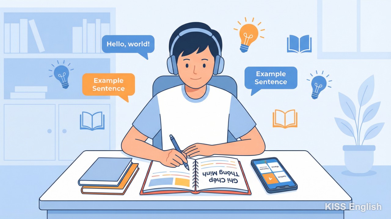 Một người học đang tỉ mỉ ghi chép từ vựng mới vào sổ tay và ứng dụng điện thoại, kèm theo các câu ví dụ minh họa sinh động để ghi nhớ lâu hơn.