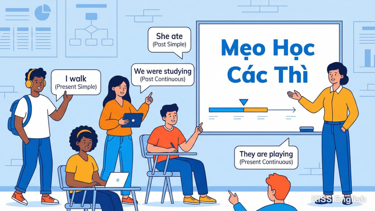 Học viên KISS English tương tác sôi nổi trong lớp học tiếng Anh, minh họa phương pháp luyện tập các thì hiệu quả thông qua thực hành thực tế