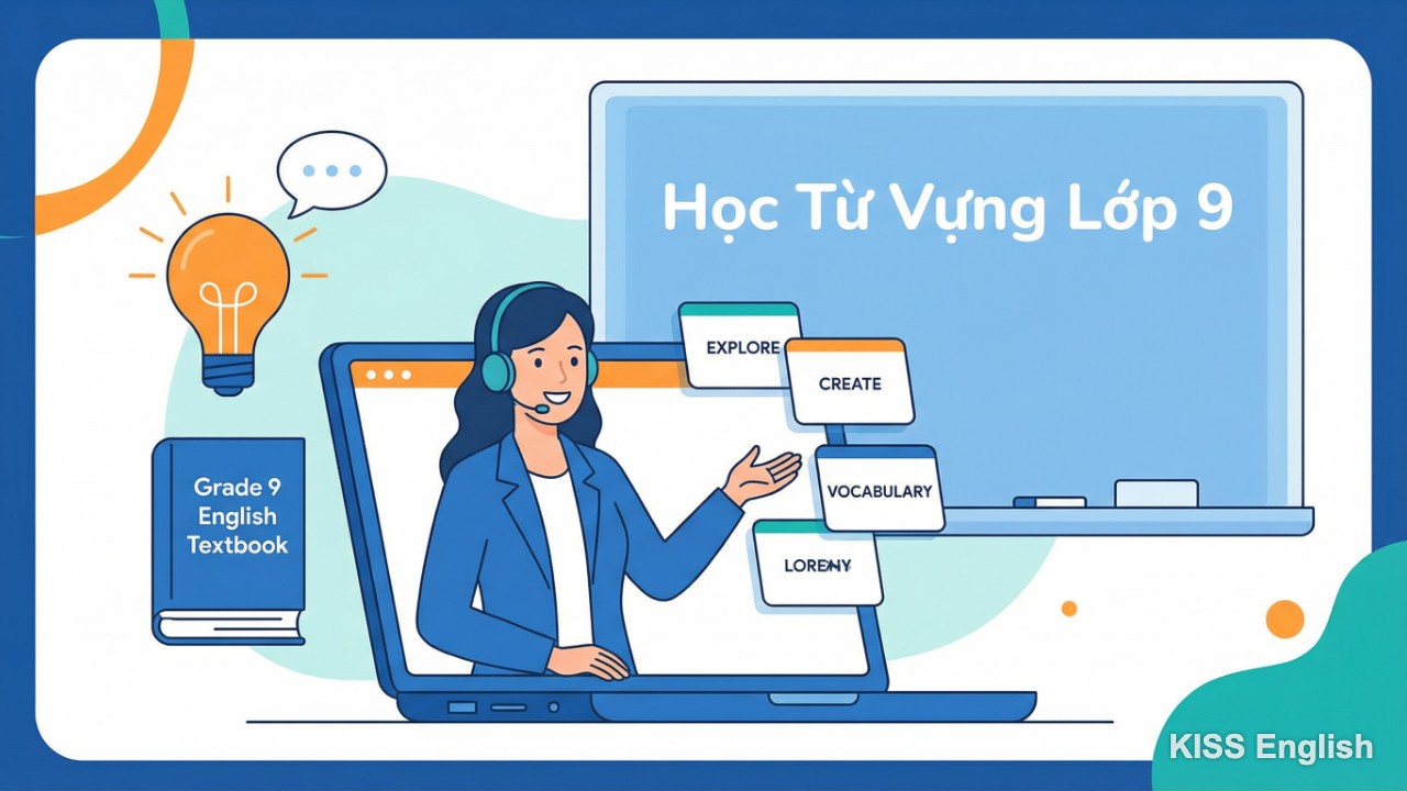 Ms. Thủy từ KISS English đang giảng bài trực tuyến về các phương pháp ghi nhớ từ vựng tiếng Anh lớp 9 hiệu quả qua màn hình máy tính.
