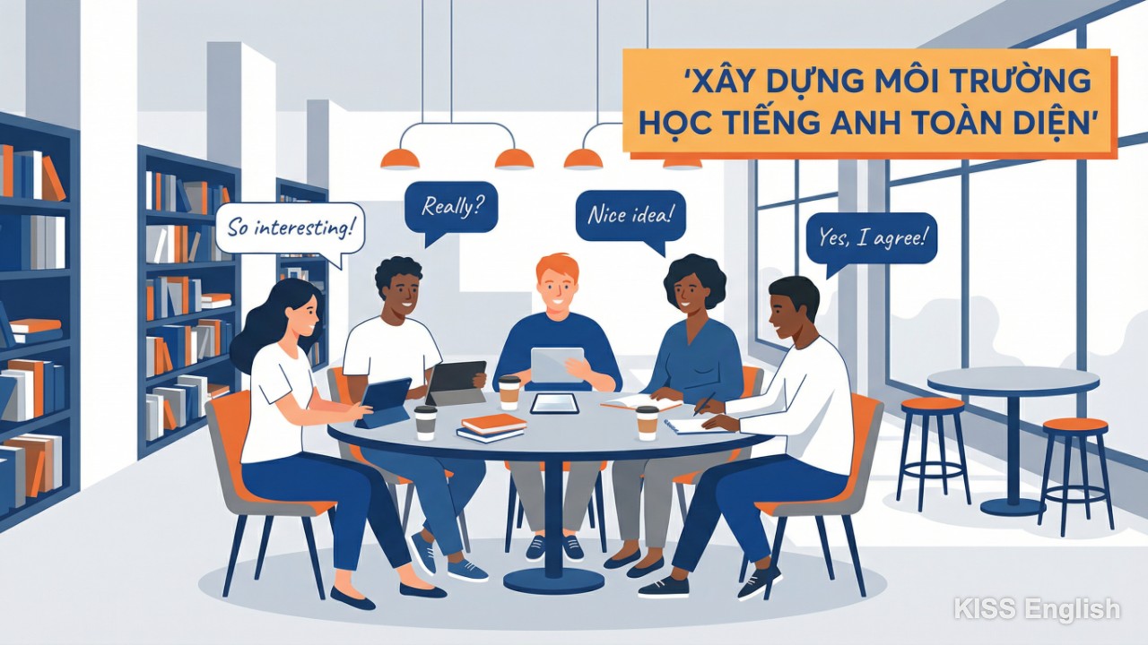 Nhóm sinh viên quốc tế đang trò chuyện vui vẻ bằng tiếng Anh trong thư viện hoặc quán cà phê, thể hiện môi trường giao tiếp tự nhiên.