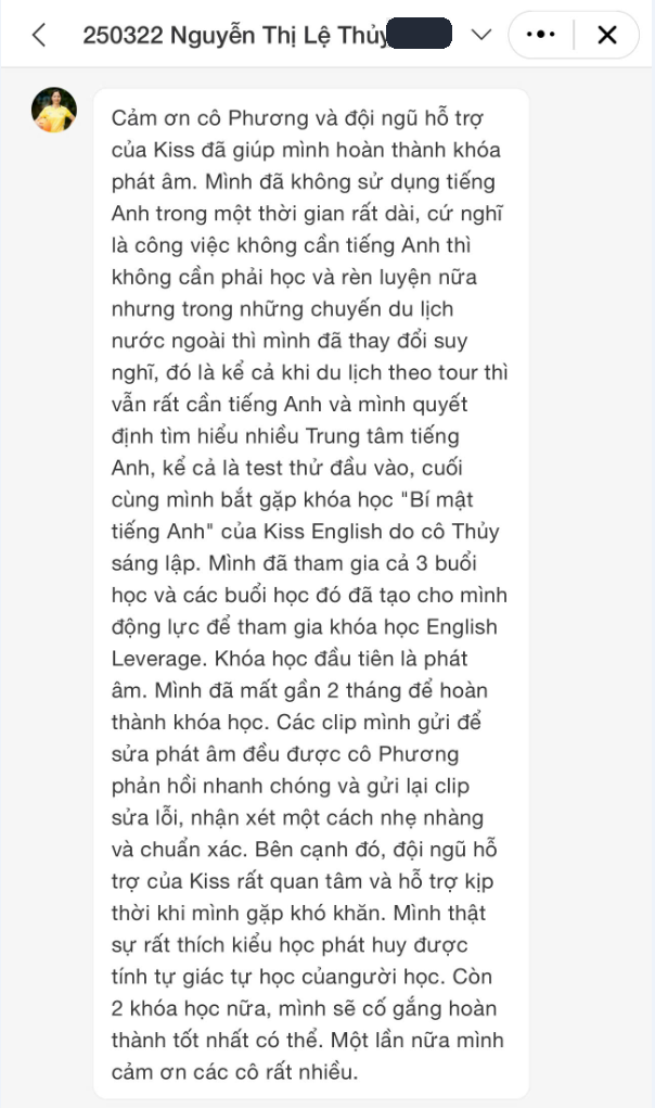 Học viên hoàn thành khóa phát âm KISS English sau thời gian dài không dùng tiếng Anh